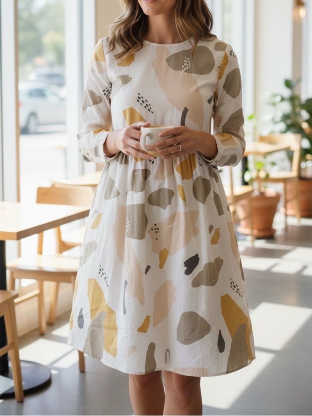 Tradlands Cream Abstract Print Long Sleeve Linen Dress Abstract Accents